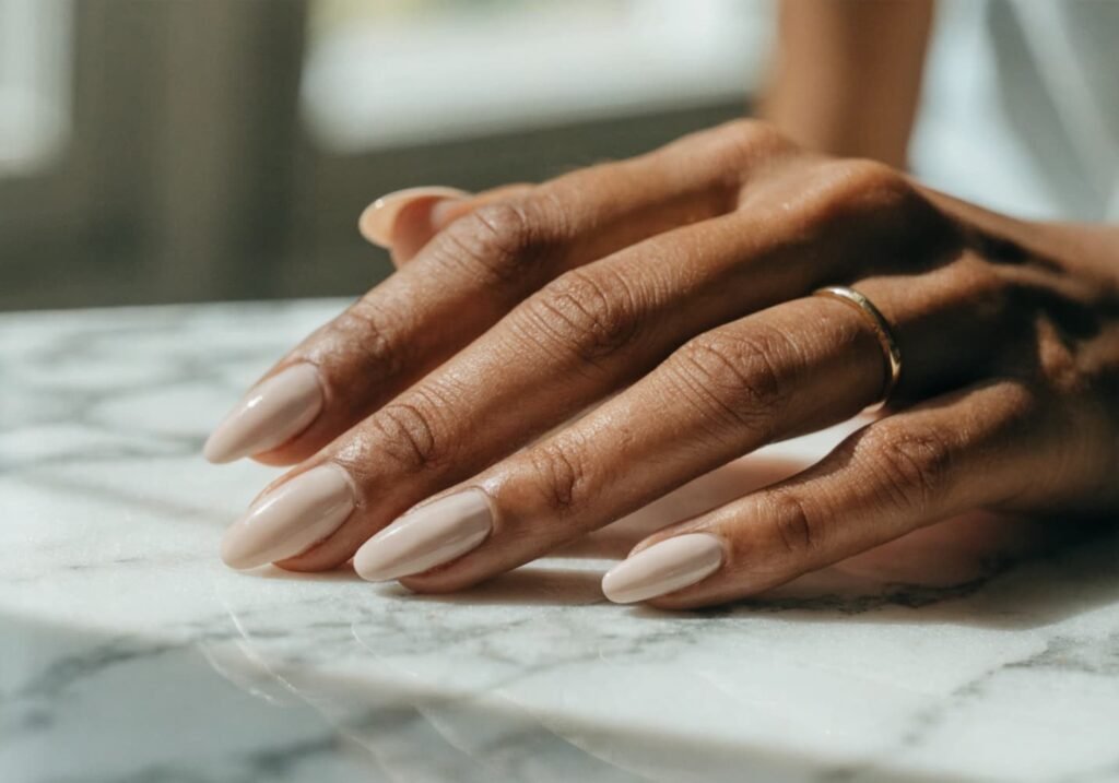 Close-up of an elegant neutral manicure on almond-shaped nails resting on a marble countertop.
