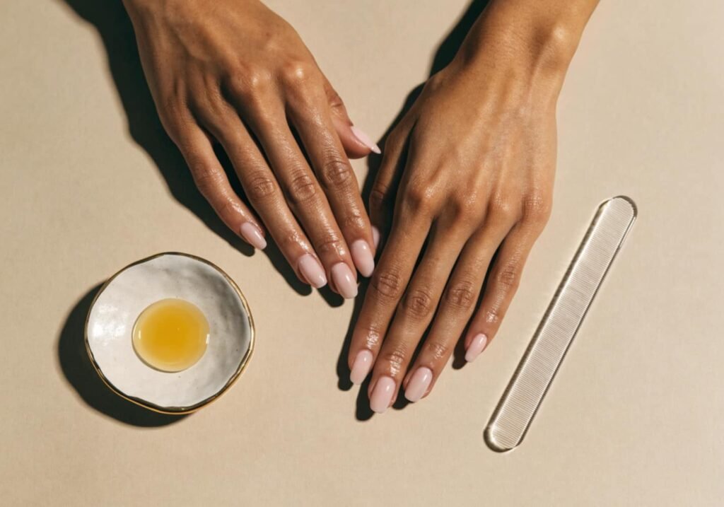 Image prompt: Flat lay of manicured hands next to a small dish of cuticle oil and a glass nail file, muted beige background, editorial style. Alt text: Flat lay of elegant manicured nails with cuticle oil and glass nail file