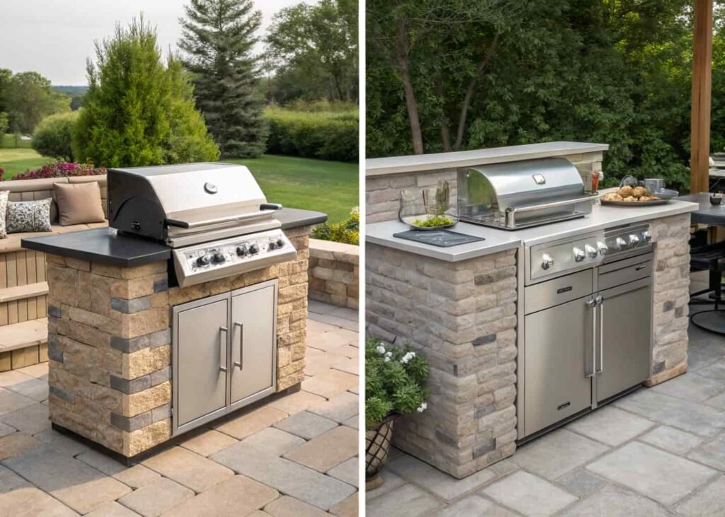 Comparison of built-in masonry grill station versus modular stainless steel grill unit