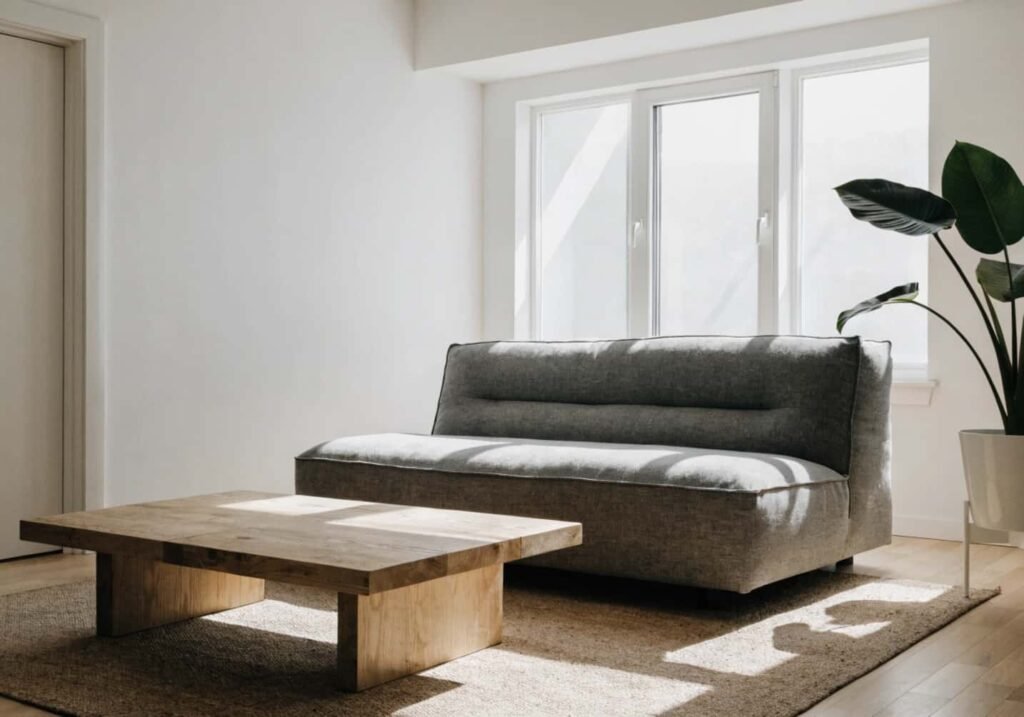 Minimalist boho living room with grey couch and single potted plant