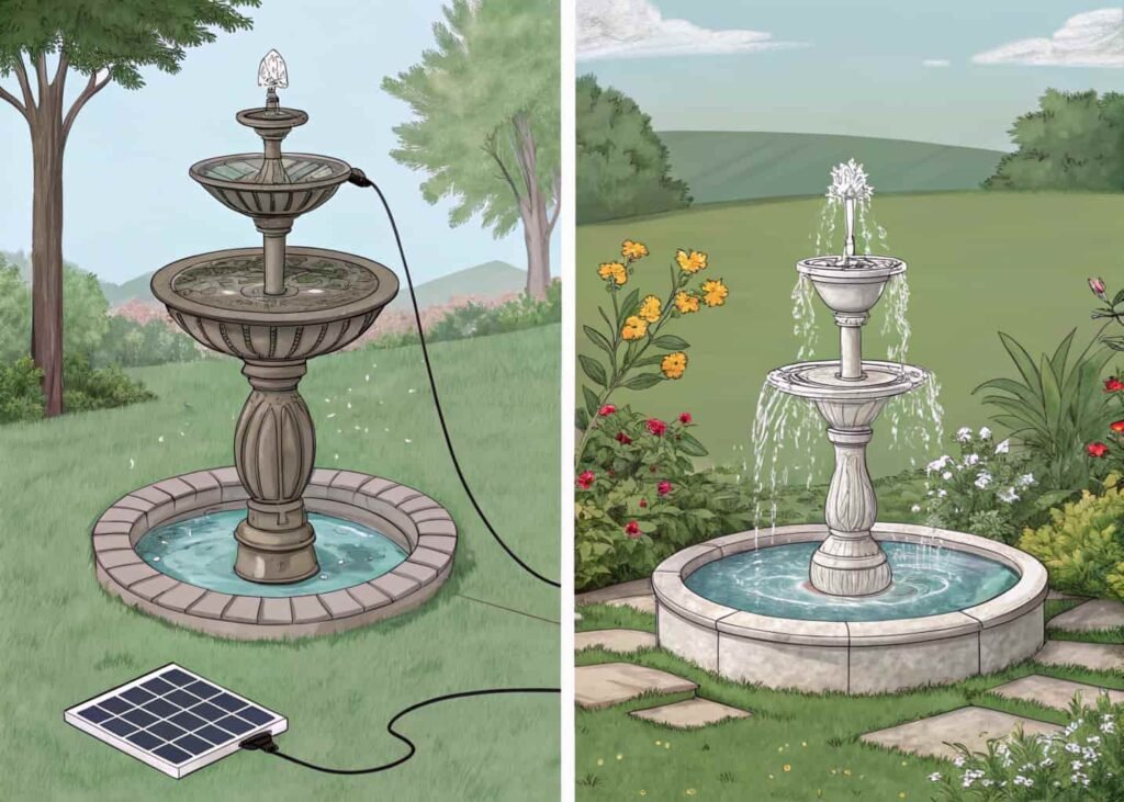 Comparison graphic showing an electric fountain with buried wiring next to a cordless solar fountain