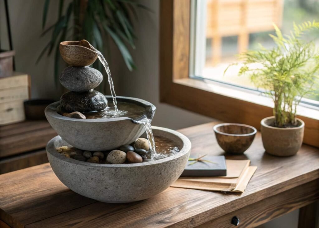 Tabletop water fountain with tiered stone bowls on a wooden desk.