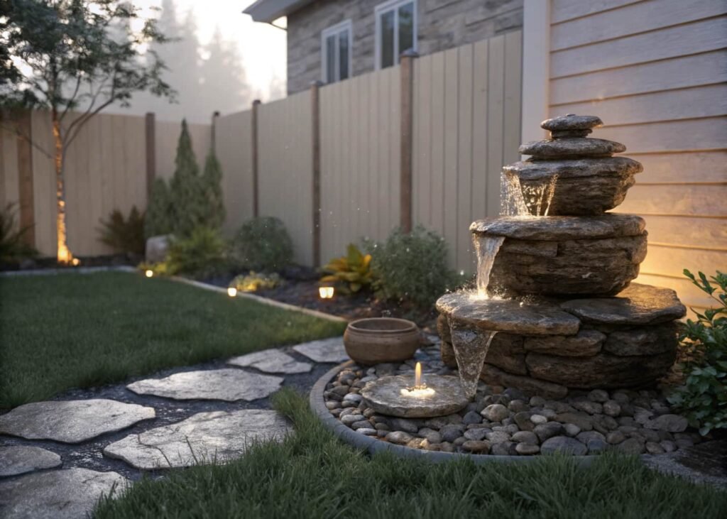 DIY stacked-stone bubbling fountain in a backyard corner during early morning light.