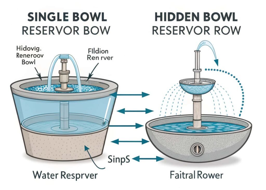 Diagram comparing single-bowl fountain design to hidden-reservoir bowl fountain design.