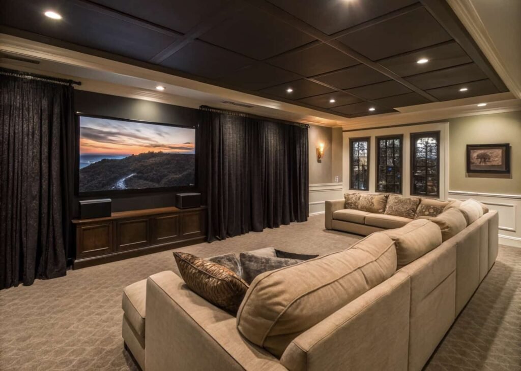 Large living room with a home theater seating layout.