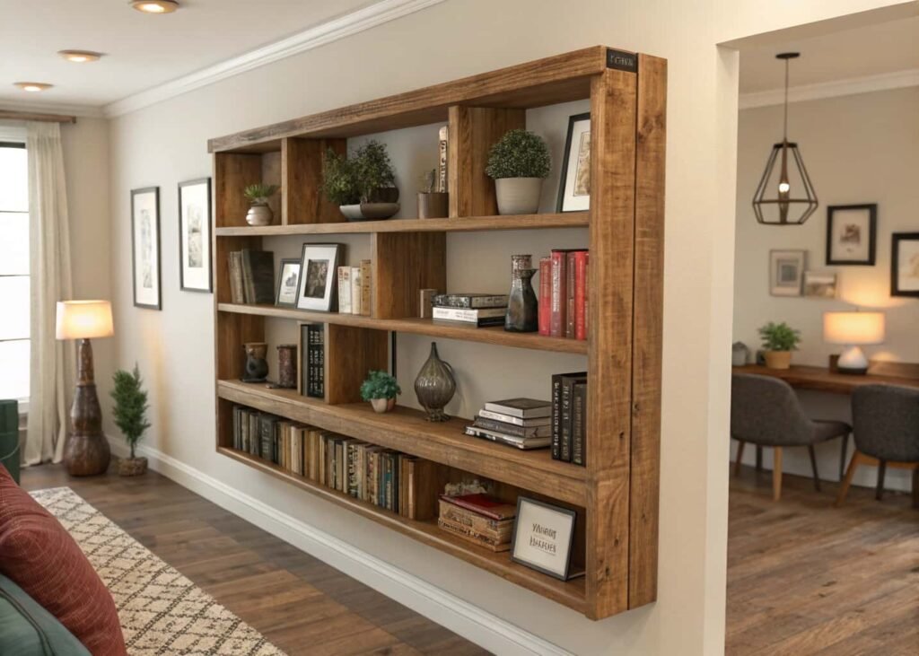 wall-mounted wooden bookshelf filled with books and small decor items in a living room