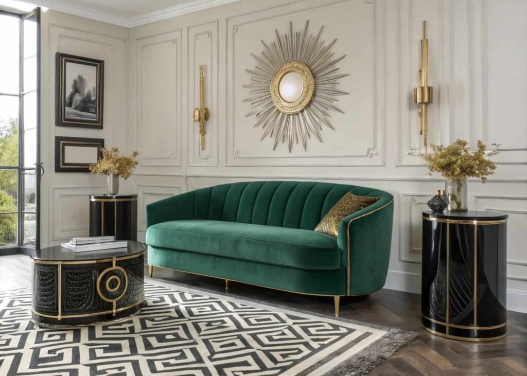 Art-deco living room with curved velvet sofa, brass accents, and a sunburst mirror.