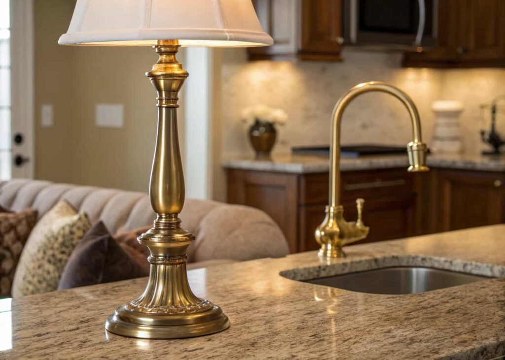Decor accessories with repeated brass finish tying together an open living room and kitchen