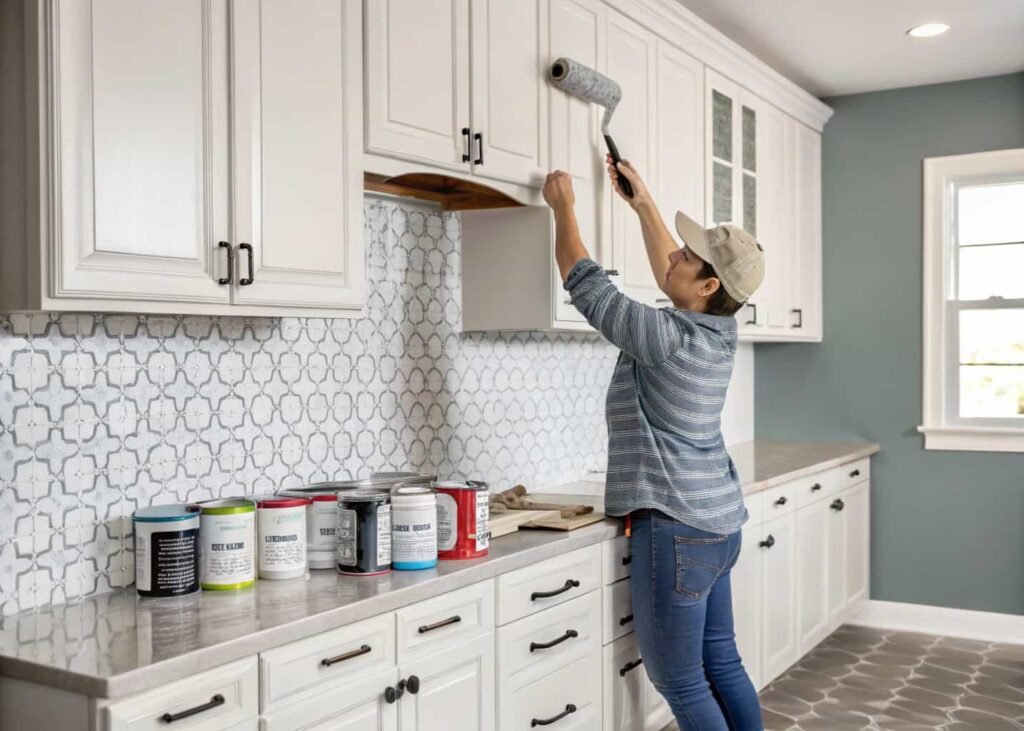 Homeowner painting kitchen cabinets and applying peel-and-stick backsplash on a budge