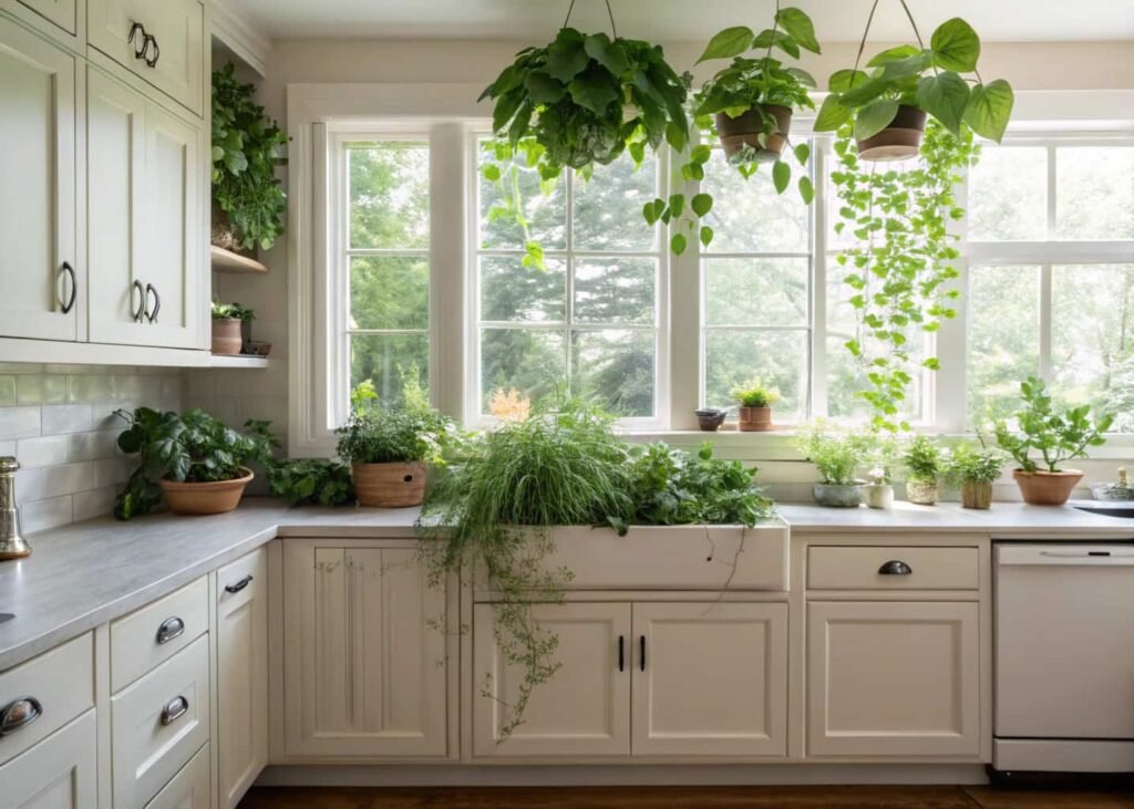 Kitchen windowsill herb garden with trailing pothos on cabinets