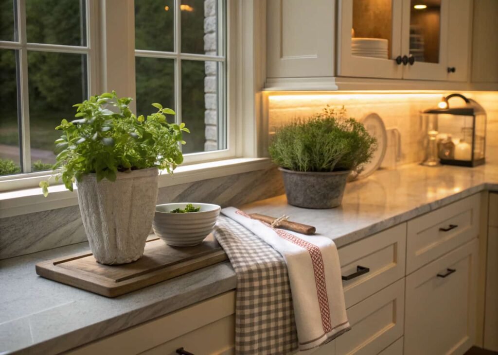 Designer kitchen final touches including herb plant, coordinated towel, and layered lighting