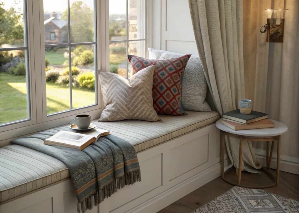 Cozy window seat nook styled with cushions and a small side table
