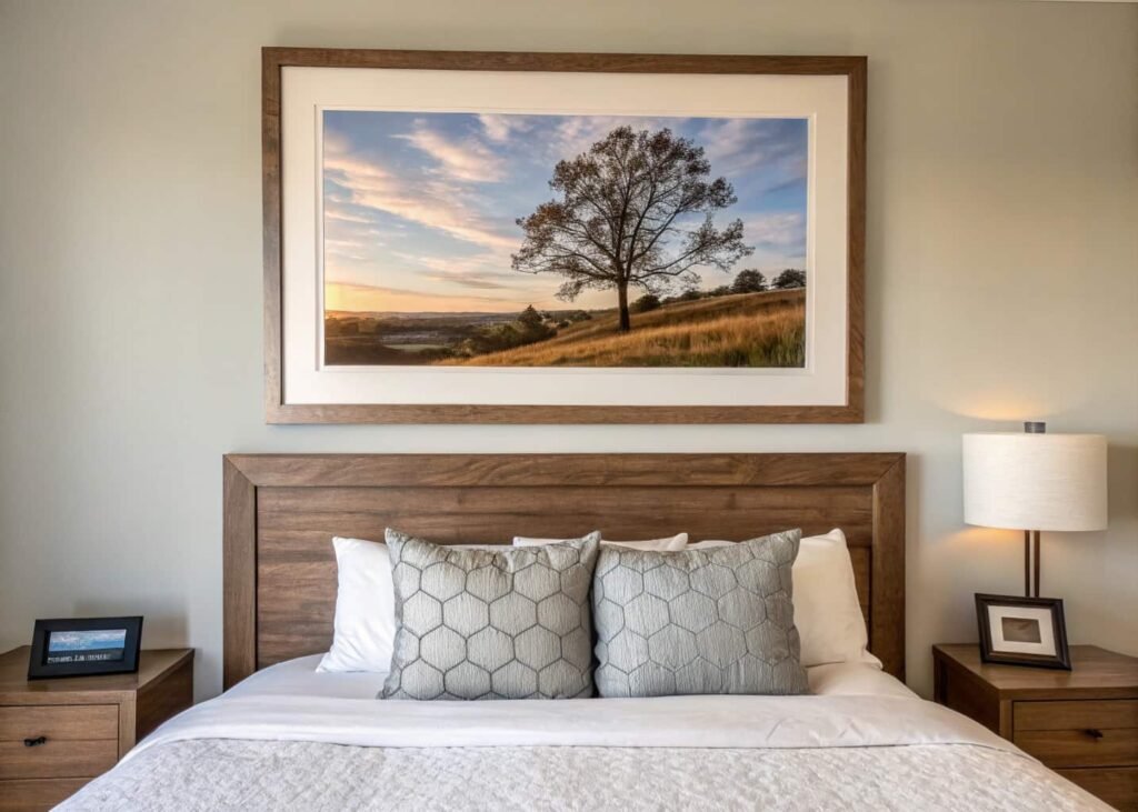 Framed wall art hung above bedroom headboard at proper height
