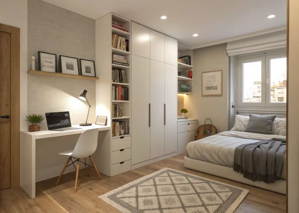 Bedroom zoned into separate sleep and work areas