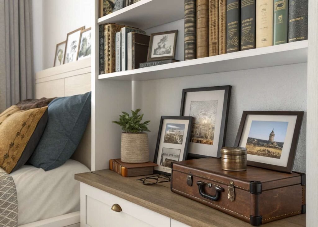 Personal photos and keepsakes styled on a bedroom shelf