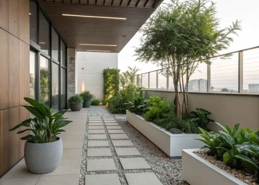 Low-maintenance terrace garden with hardy plants in large self-watering planters