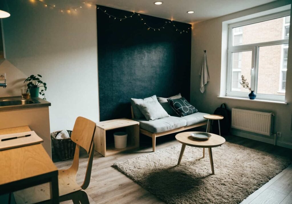 Rental apartment living room using removable black wallpaper as a low-commitment accent wall.