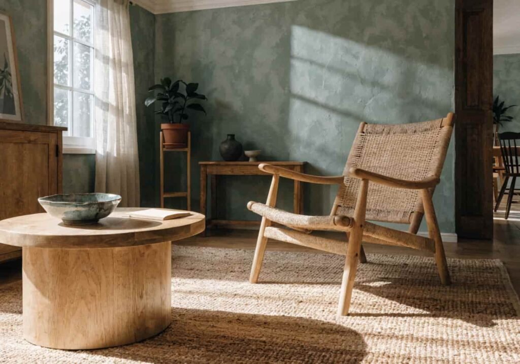 Relaxing living room with a soft sage green accent wall and wood furniture