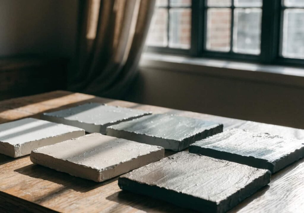 Warm and cool gray paint swatches compared in natural light