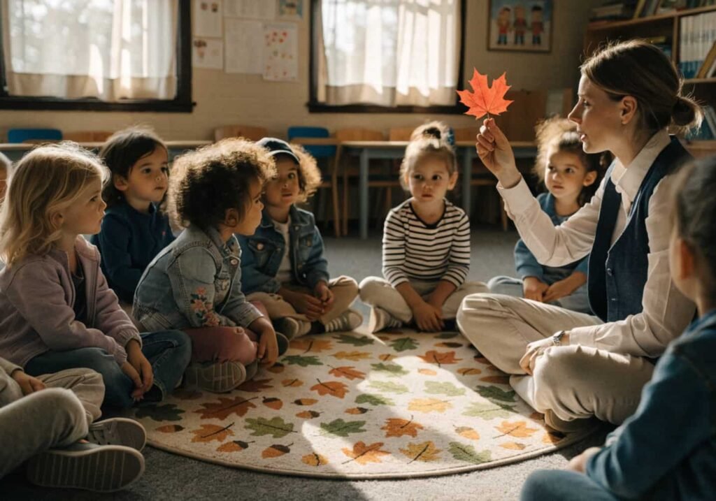 Kindergarten circle time with teacher showing a maple leaf to seated children