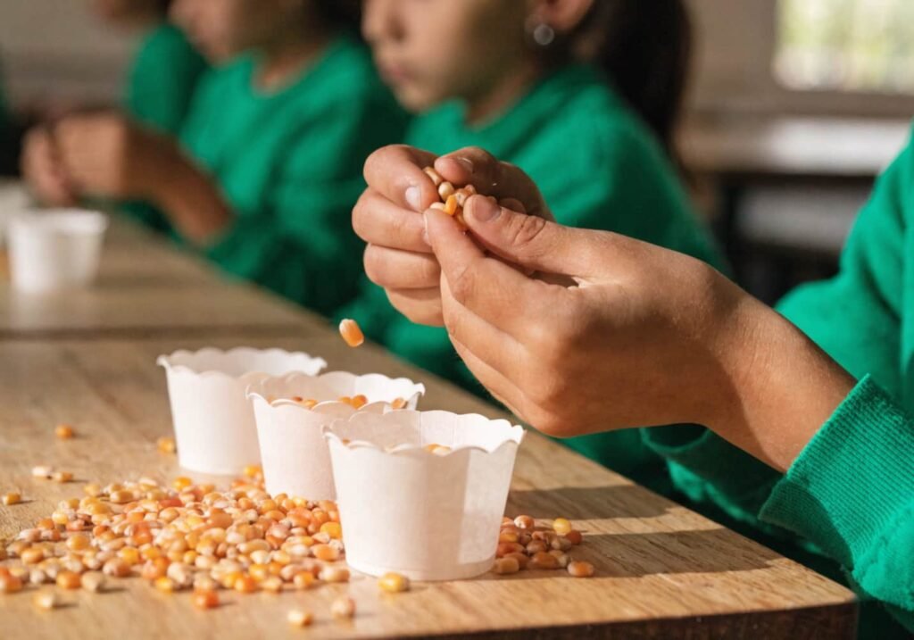 Kindergartner counting dried corn kernels into cups for a math activity