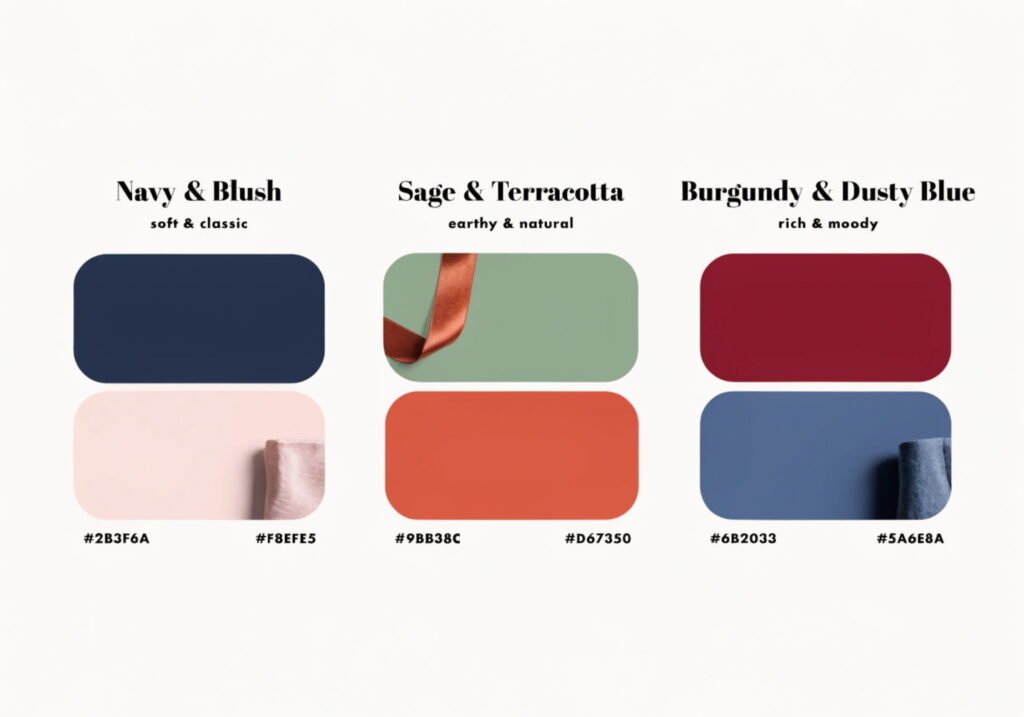 Three popular wedding color combinations shown as fabric swatches.