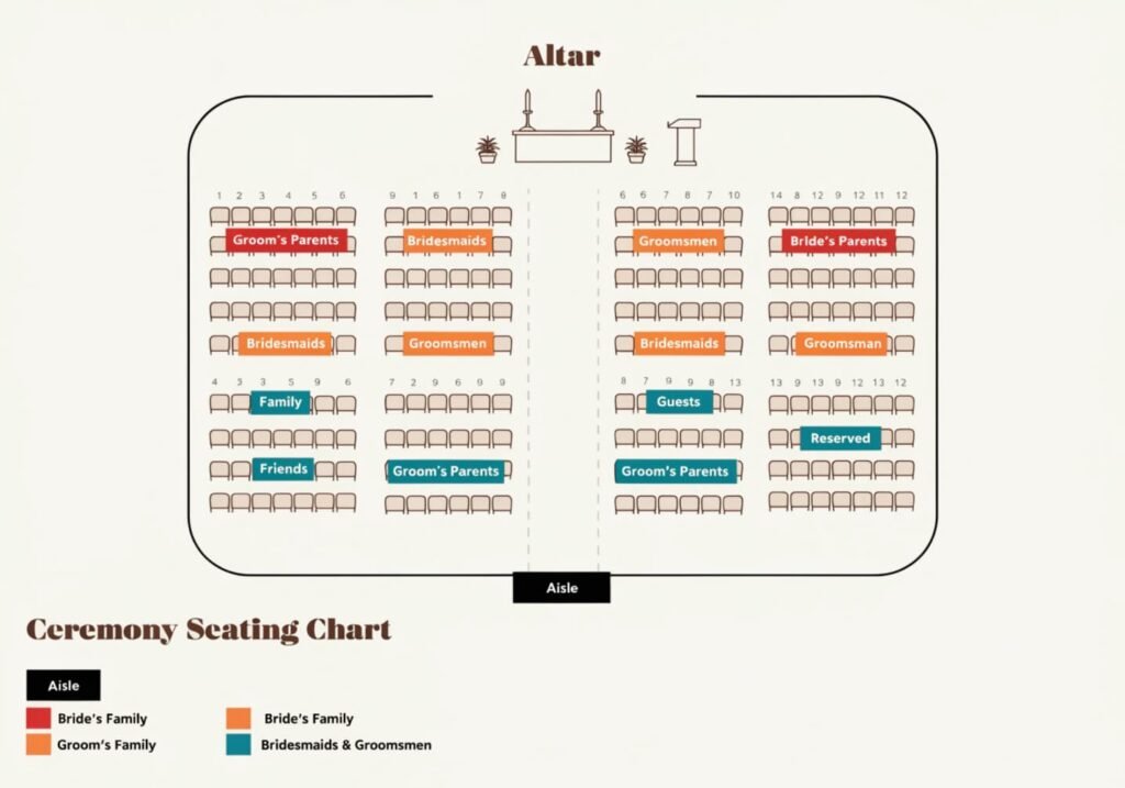 Wedding ceremony floor plan showing chair rows and aisle layout