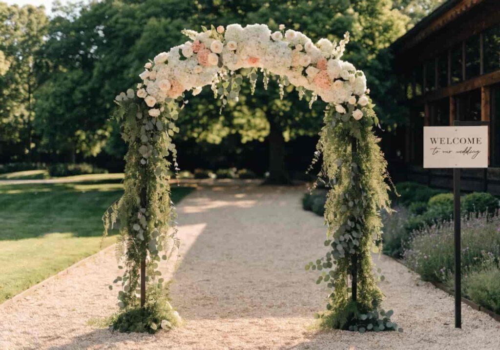 Floral entrance arch decoration welcoming wedding guests