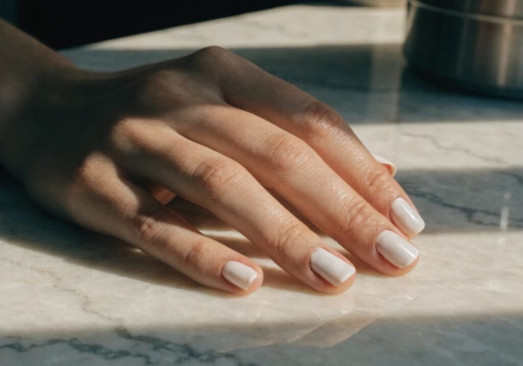 Neutral milky white short acrylic nail set on a marble surface.
