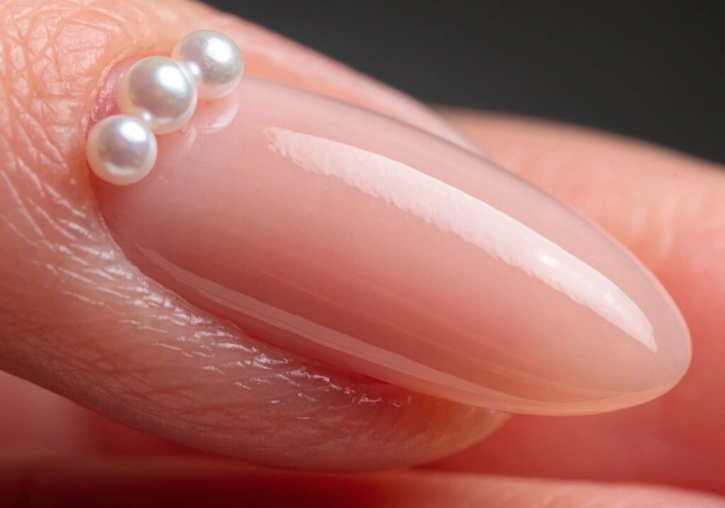 Nail art detail showing pearls placed along the cuticle line on a nude manicure.