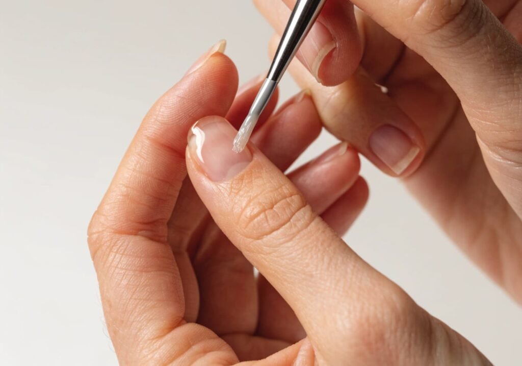 Applying thin top coat for a glossy classy nail finish