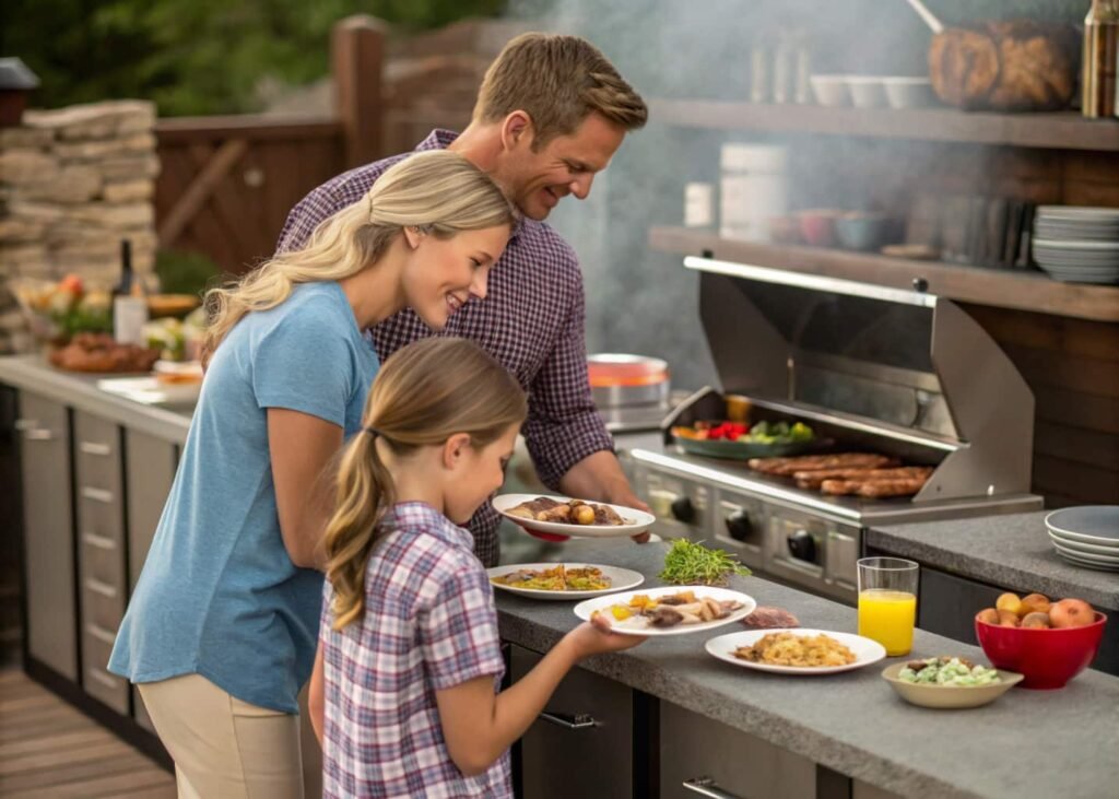 Family cooking together at a dedicated outdoor grill station during a backyard cookout