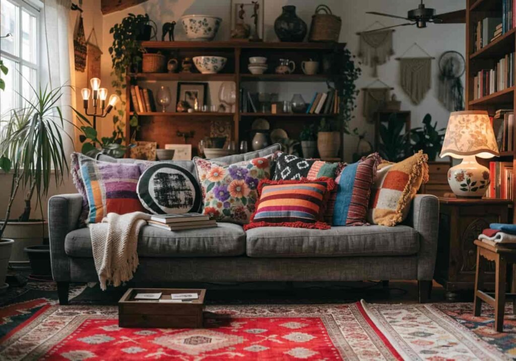 Maximalist boho grey couch layered with colorful cushions and rugs
