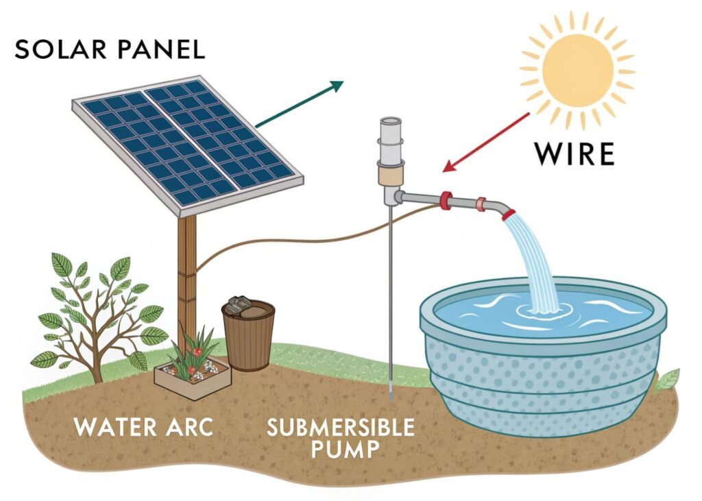 Diagram explaining how a solar panel powers a submersible fountain pump