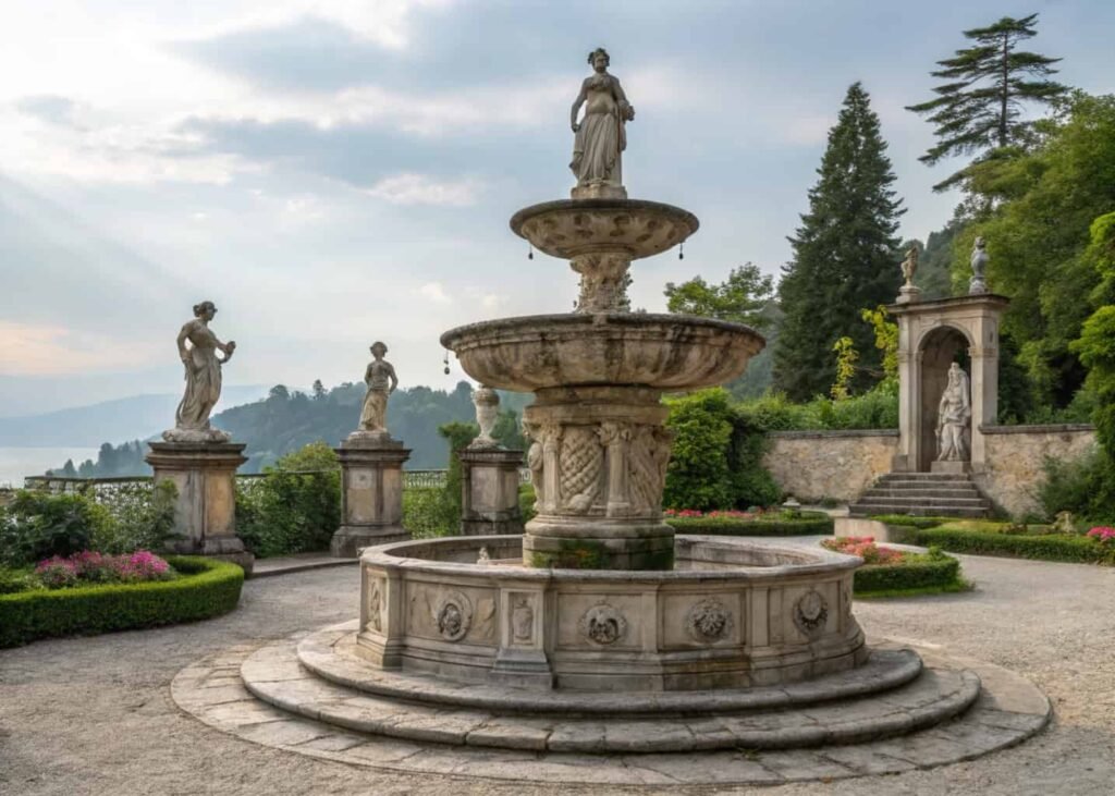 Renaissance-era stone garden fountain with classical sculptural details.