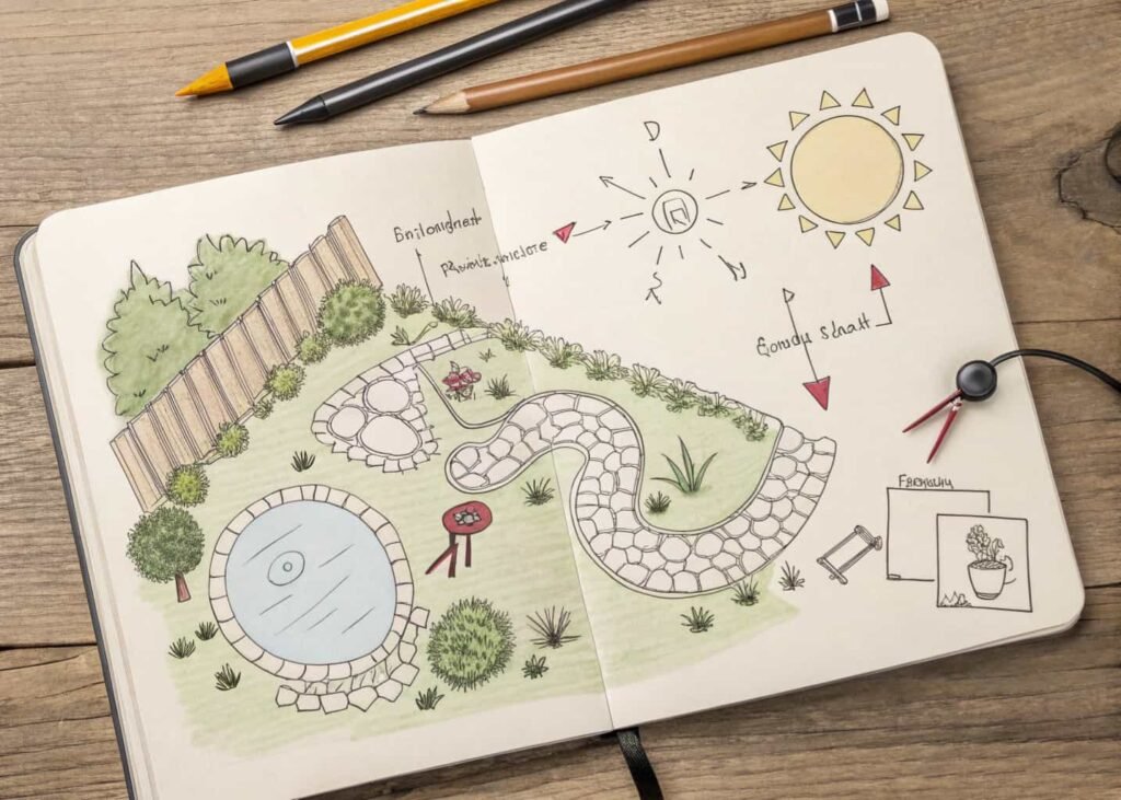 Backyard layout sketch showing sun exposure and outlet placement for pond planning.