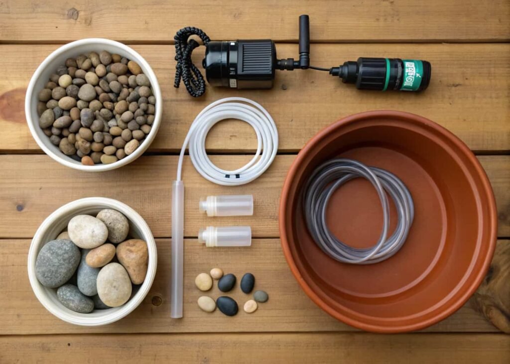 Materials laid out for building a DIY bowl fountain, including pump, tubing, stones, and sealant.