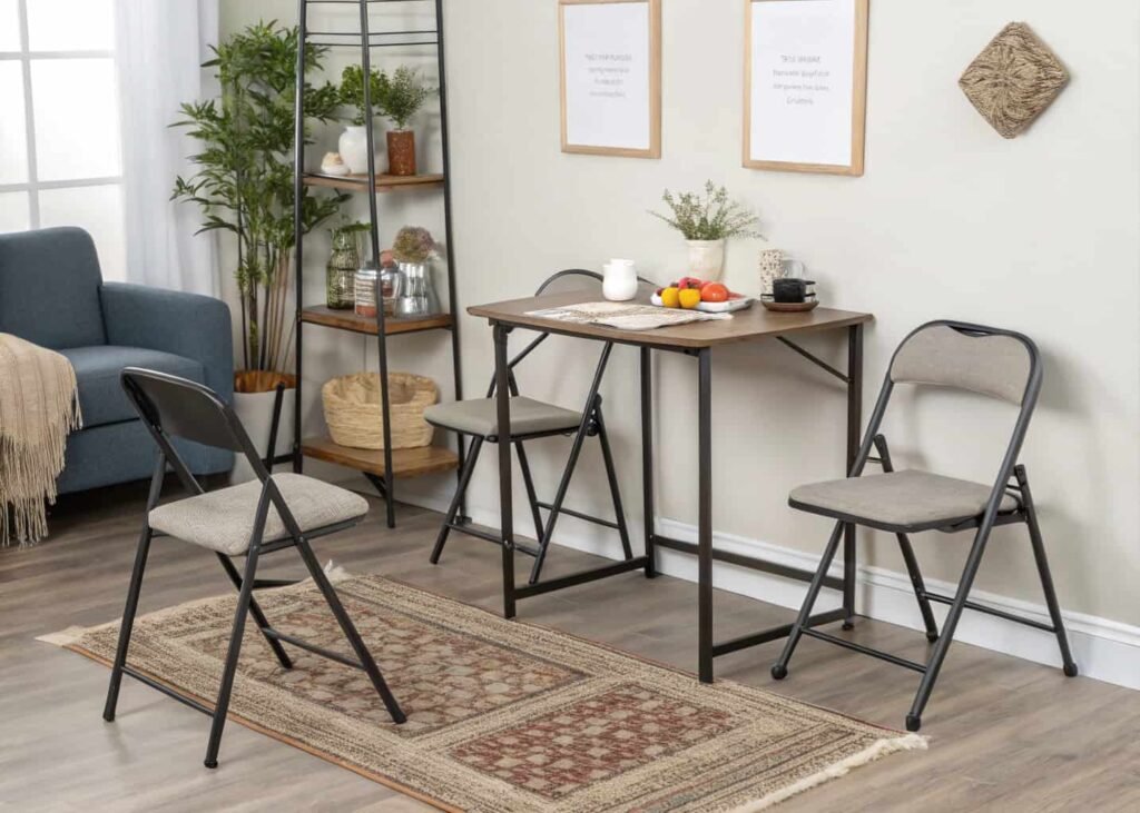 Compact living room using foldable, space-saving furniture