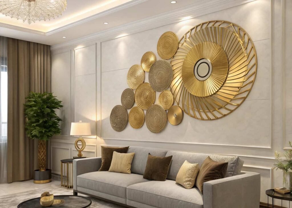 abstract metallic gold wall sculpture with circular shapes mounted on a living room wall