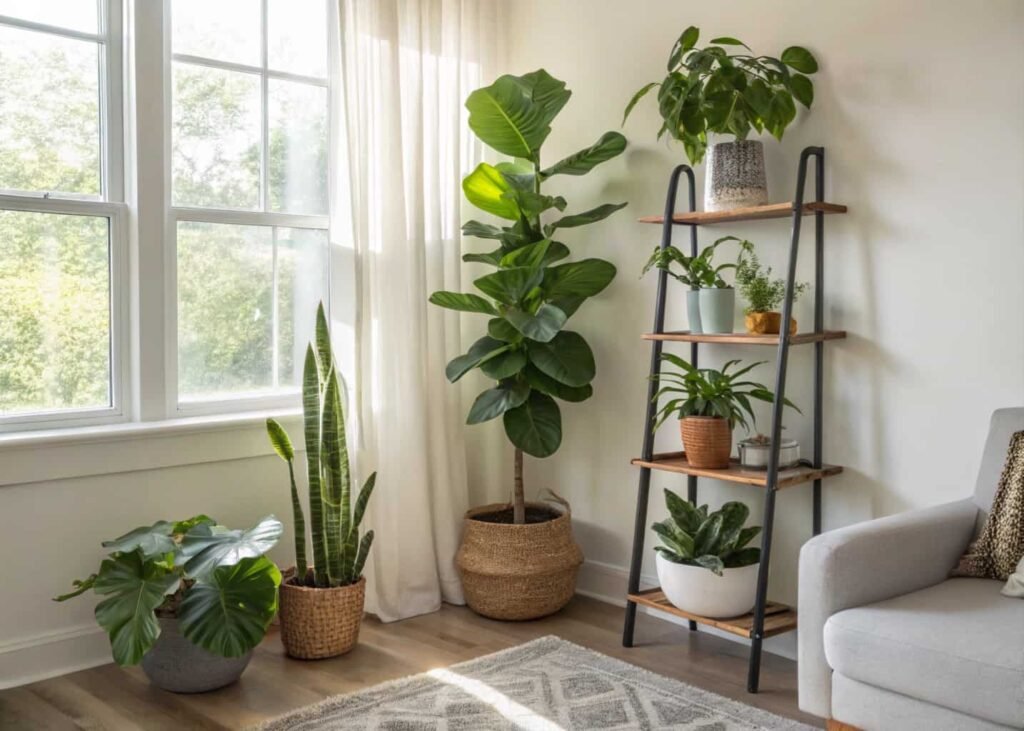 Plant-filled living room with fiddle-leaf fig, pothos, and snake plant at varying heights.