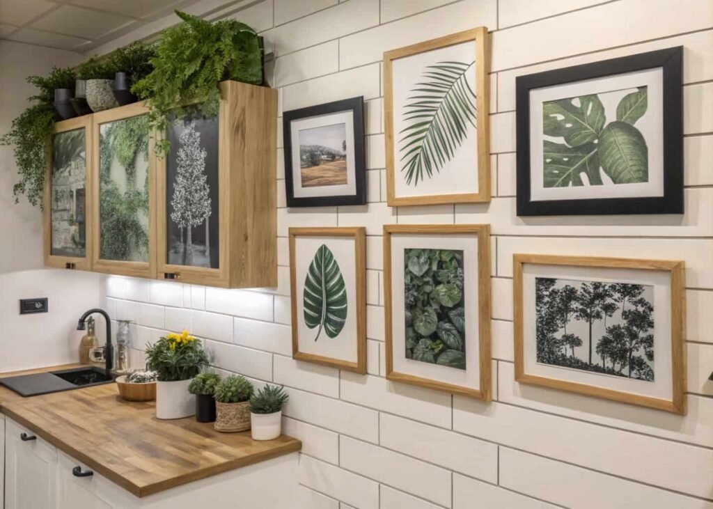 Kitchen gallery wall with mixed frames and botanical prints