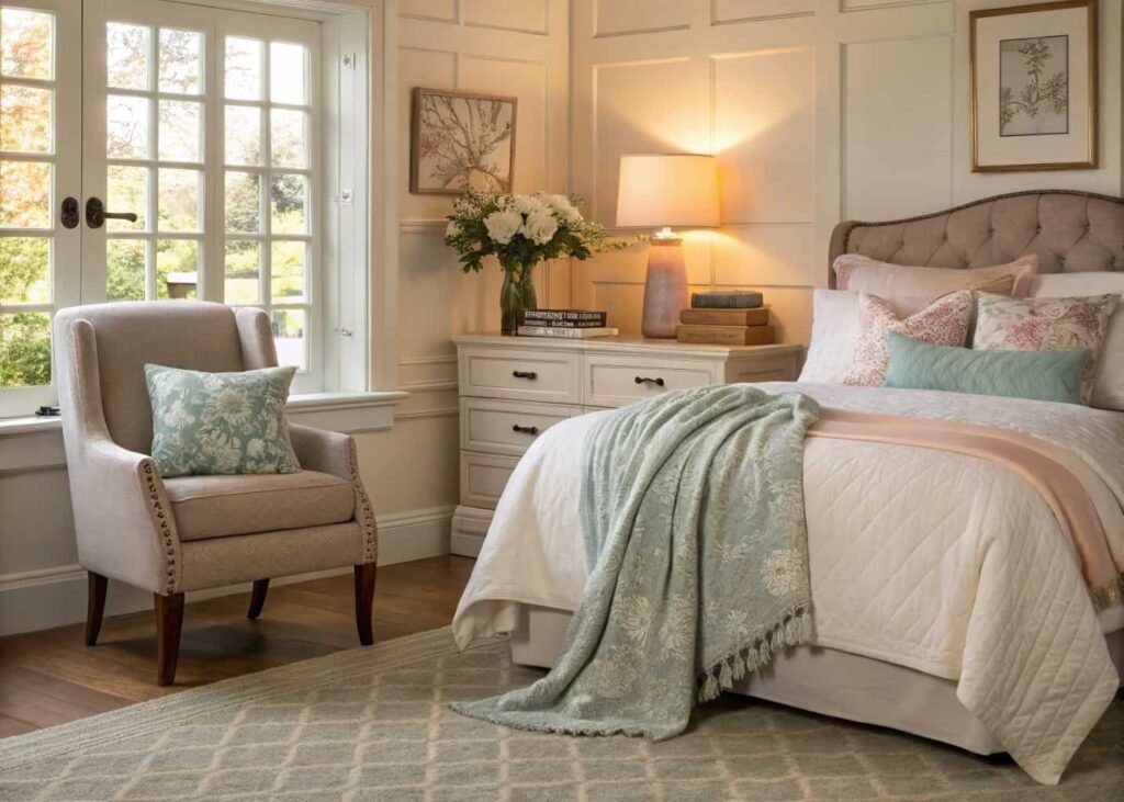 Finished cozy bedroom with folded throw blanket and styled pillows
