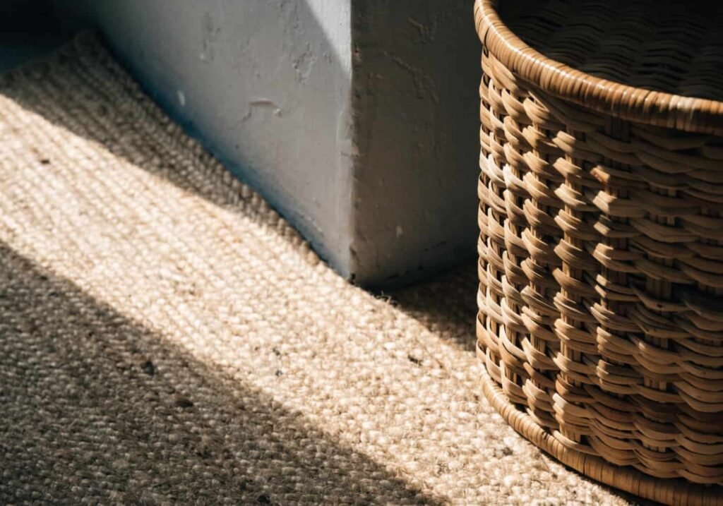 Jute rug and rattan table texture standing out against a gray wall