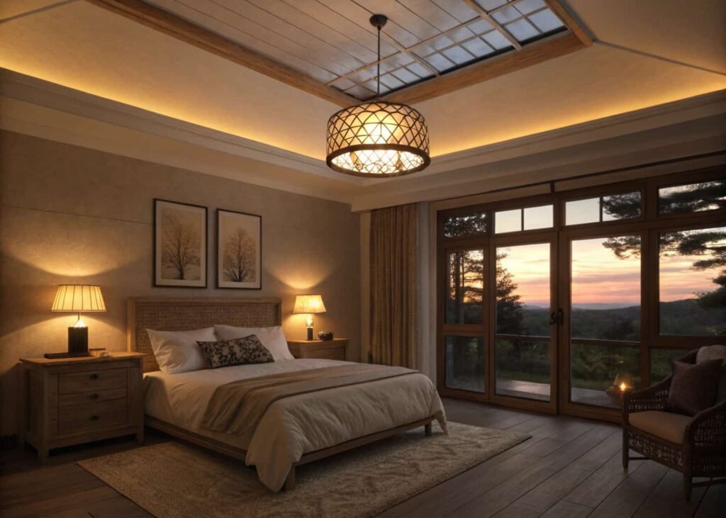 Bedroom with layered ambient, task, and accent lighting