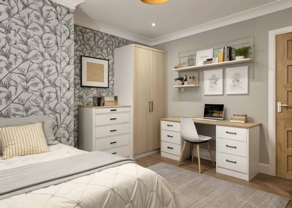 Small bedroom styled with light furniture and wall-mounted nightstand
