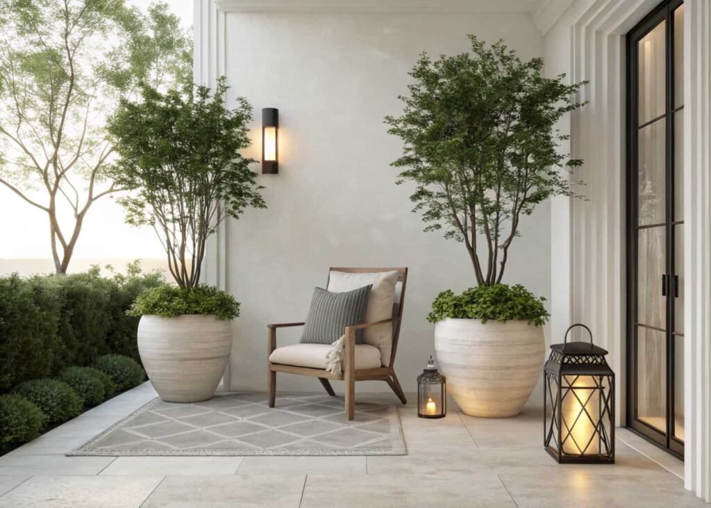 Simple beginner terrace garden with one chair, three planters and a lantern