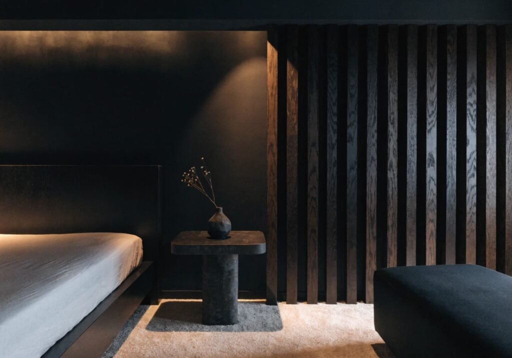 Black feature wall with vertical wood slat paneling for a custom-designed bedroom look.