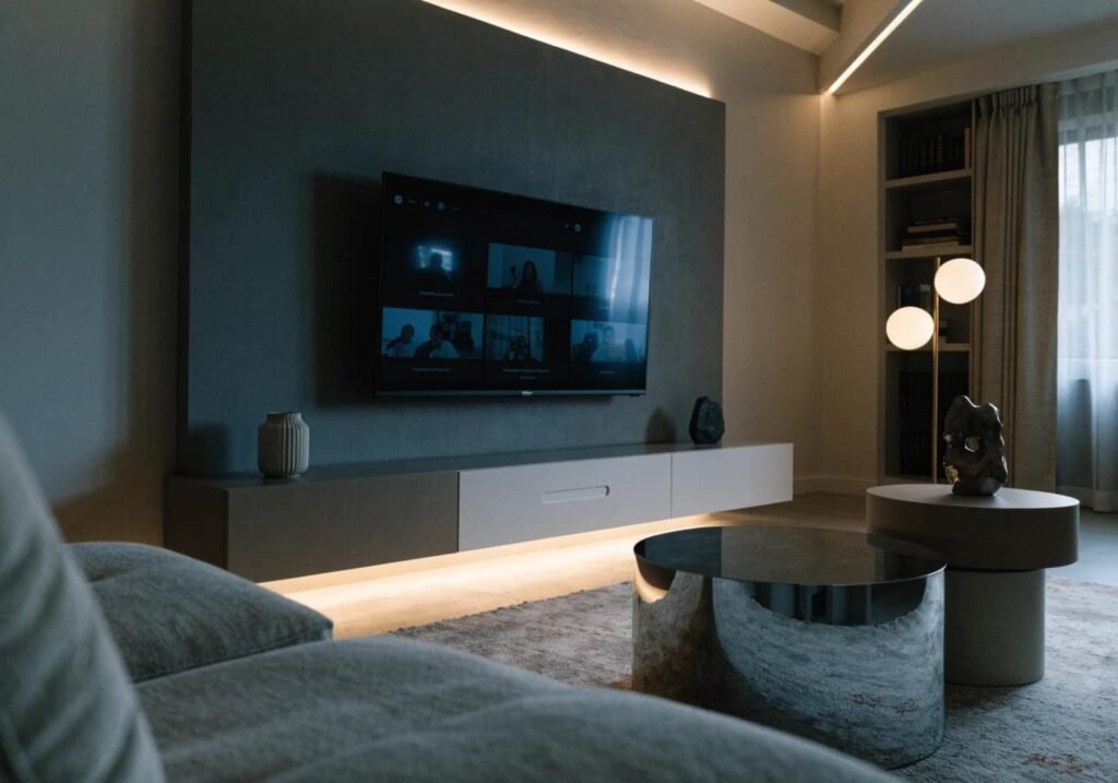 Charcoal grey accent wall behind a mounted television in a modern living room