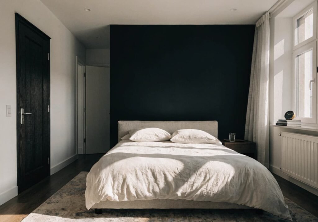 Black accent wall behind the bed headboard while surrounding walls stay white