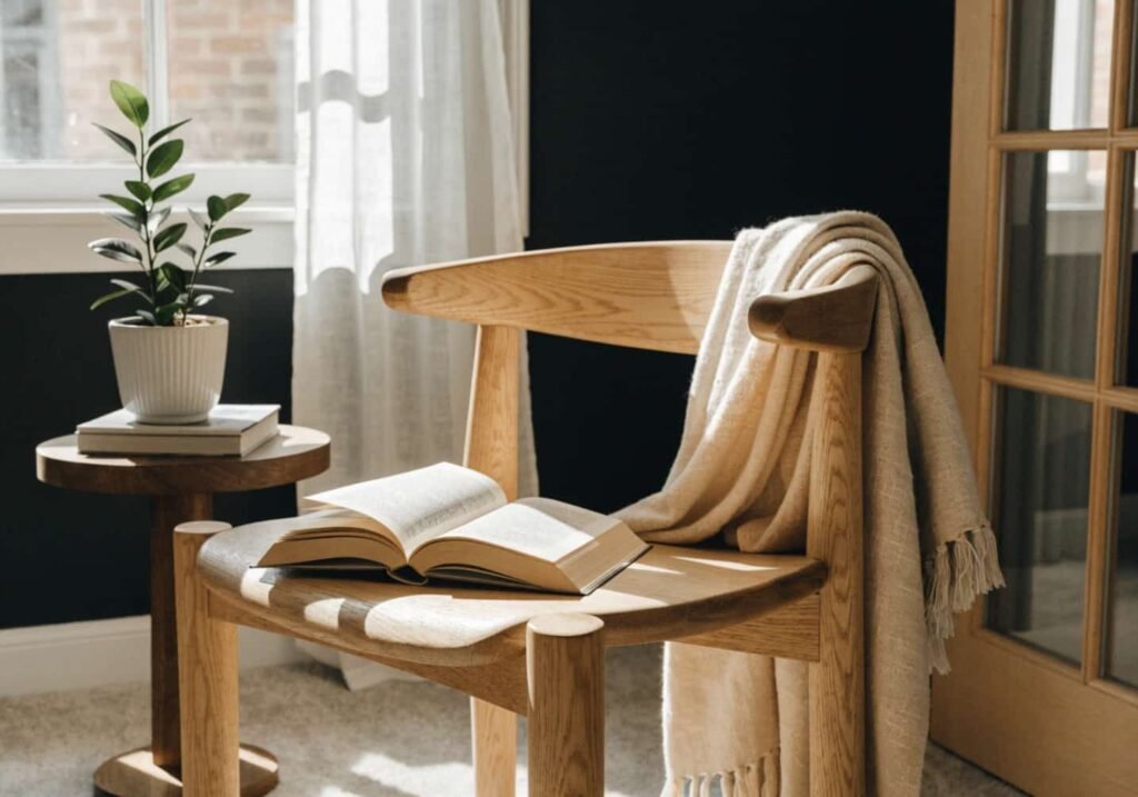 Reading nook styled with black wall and light wood furniture
